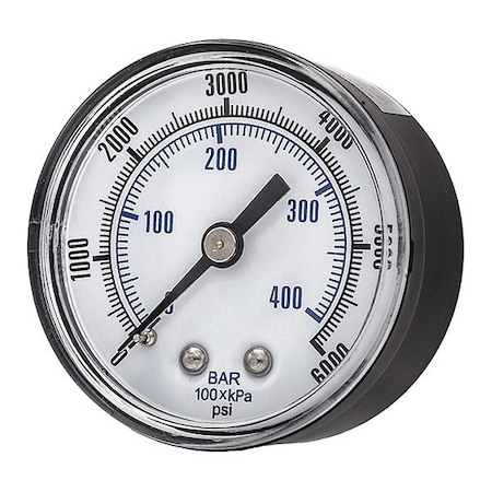 Industrial Pressure Gauge, 0 to 6, 000 psi, 2 in Dial, 1/4 in NPT, Center Back Location MPN:SEP-102D-204S