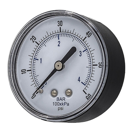 Industrial Pressure Gauge, 0 to 60 psi, 2 1/2 in Dial, 1/4 in BSPT, Center Back Location MPN:SEP-102D-254D-BSPT