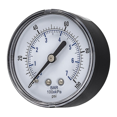 Industrial Pressure Gauge, 0 to 100 psi, 2 1/2 in Dial, 1/4 in BSPT, Center Back Location MPN:SEP-102D-254E-BSPT