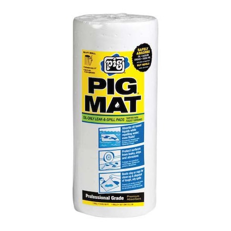 Sorbent Roll, 3 gal, 15 in x 2 1/2 ft, Oil, White, Polypropylene MPN:26201
