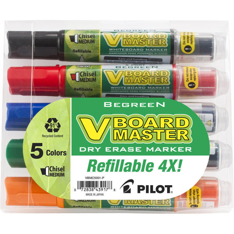 Pilot VBoard Master BeGreen Dry-Erase Markers, Chisel Point, 93% Recycled, Assorted inks, Pack of 5 Markers MPN:43917