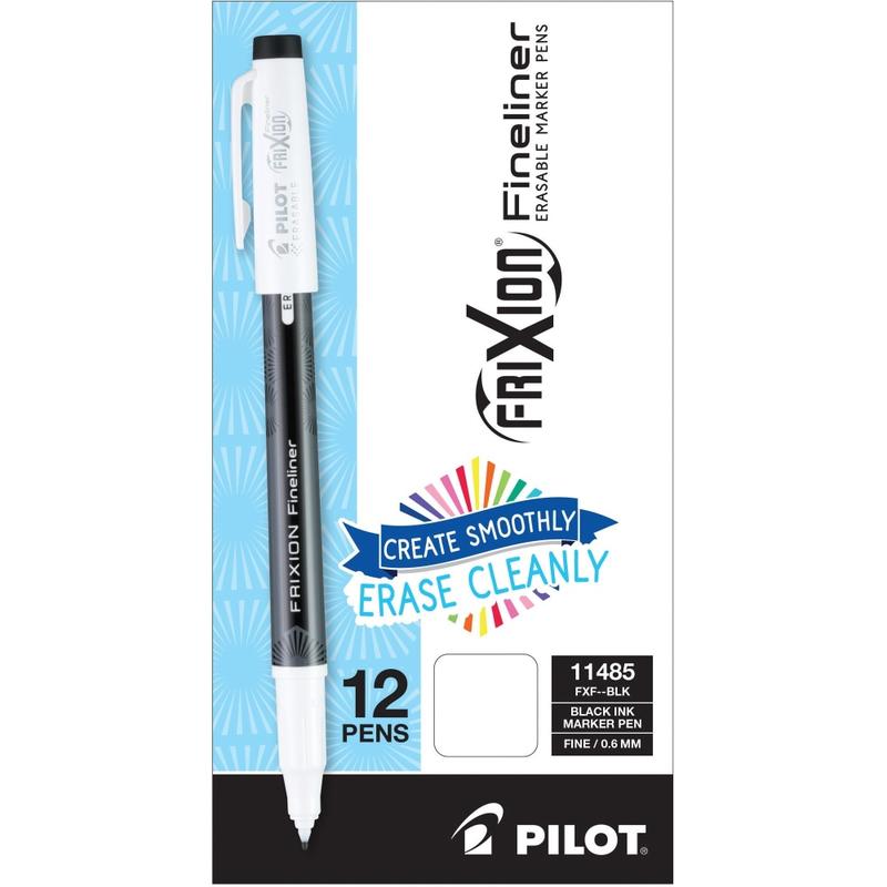 Pilot FriXion Fineliner Erasable Marker Pens 0.6 mm Fine Pen Point Black Ink Gel based 1 Dozen MPN:11485