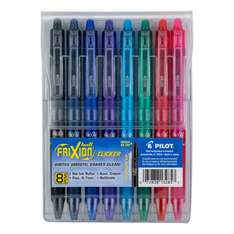 Pilot FriXion Ball Clicker Erasable Retractable Gel Pens, Pack of 8, Fine Point, 0.7 mm, Assorted Barrel Colors, Assorted Ink Colors MPN:13285
