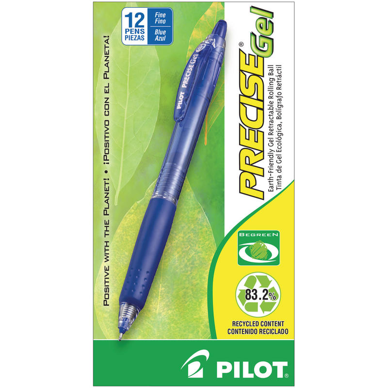 Pilot Precise BeGreen Gel Retractable Rollerball Pens, Fine Point, 0.7 mm, 83% Recycled, Blue Translucent Barrel, Blue Ink, Pack Of 12 MPN:15002