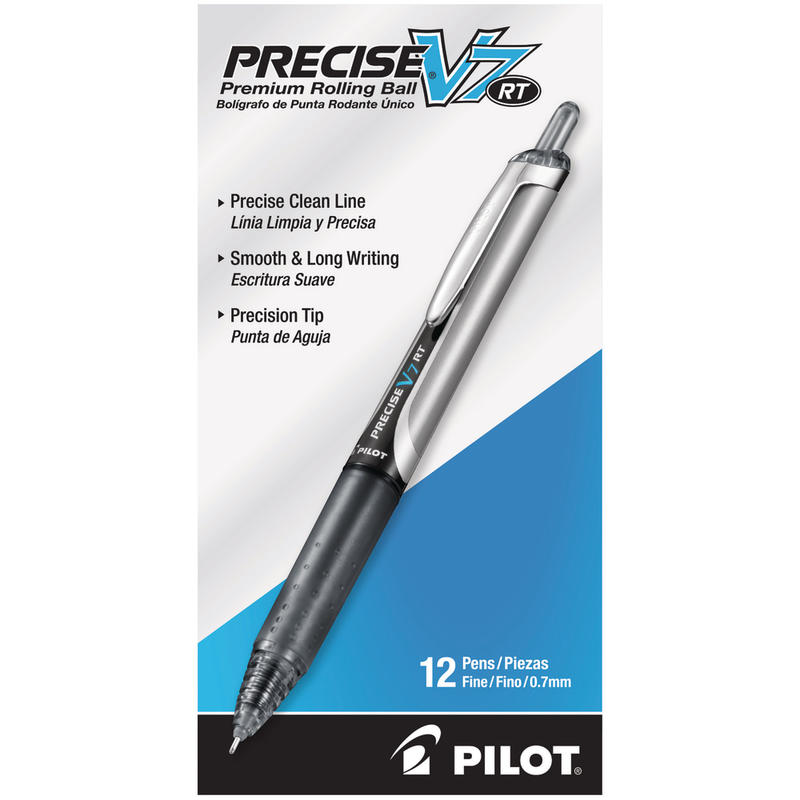 Pilot Precise V7 Liquid Ink Retractable Rollerball Pens, Fine Point, 0.7 mm, Black Barrels, Black Ink, Pack Of 12 Pens MPN:206939DZ