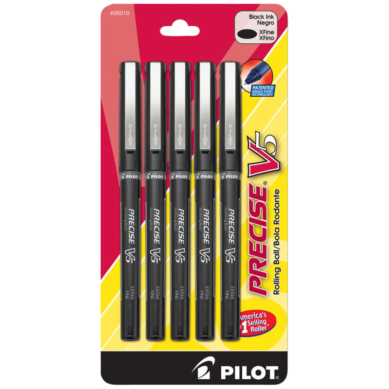 Pilot Precise V5 Liquid Ink Rollerball Pens, Extra Fine Point, 0.5 mm, Black Barrel, Black Ink, Pack Of 5 MPN:26010