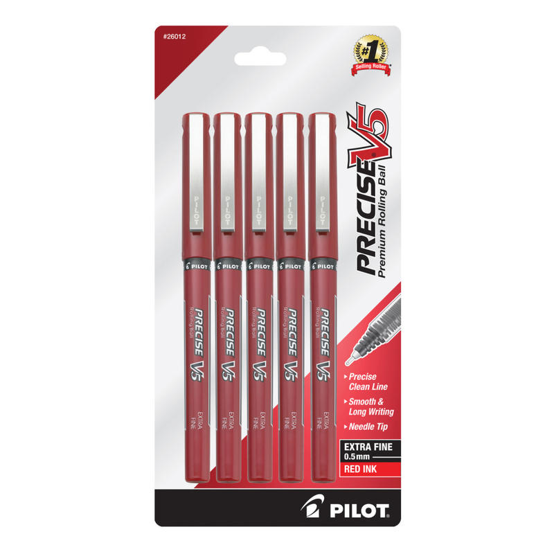 Pilot Precise V5 Liquid Ink Rollerball Pens, Extra Fine Point, 0.5 mm, Red Barrel, Red Ink, Pack Of 5 MPN:26012