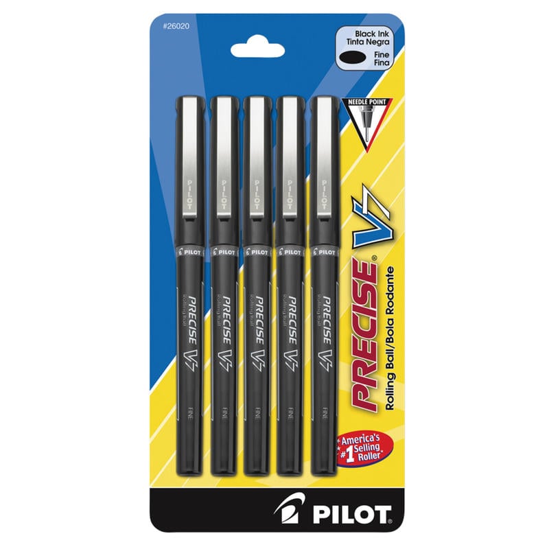 Pilot Precise V7 Liquid Ink Rollerball Pens, Fine Point, 0.7 mm, Black Barrel, Black Ink, Pack Of 5 MPN:26020