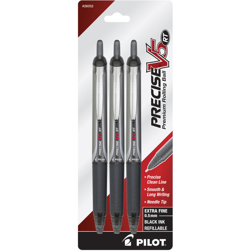 Pilot Precise V5 Liquid Ink Retractable Rollerball Pens, Extra-Fine Point, 0.5mm, Black Barrel, Black Ink, Pack Of 3 MPN:26052