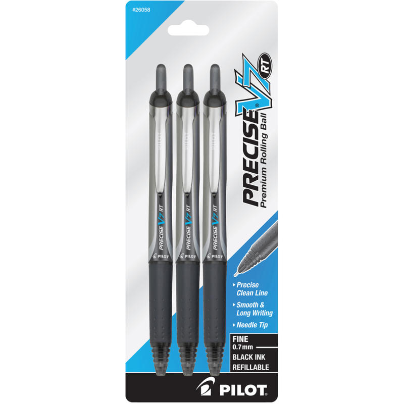 Pilot Precise V7 Liquid Ink Retractable Rollerball Pens, Fine Point, 0.7 mm, Assorted Barrel Colors, Black Ink, Pack Of 3 Pens MPN:26058