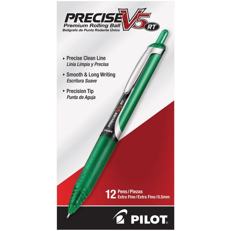 Pilot Precise V5 Liquid Ink Retractable Rollerball Pens, Extra Fine Point, 0.5 mm, Assorted Barrels, Green Ink, Pack Of 12 MPN:26065