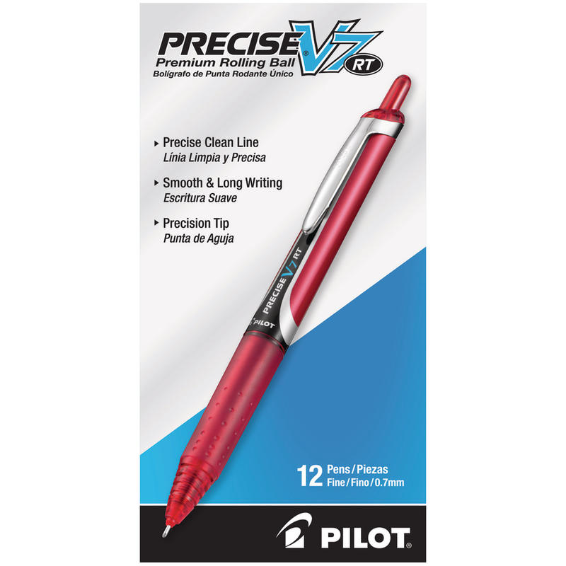 Pilot Precise V7 Liquid Ink Retractable Rollerball Pens, Fine Point, 0.7 mm, Assorted Barrel Colors, Red Ink, Pack Of 12 Pens MPN:26069-DZ