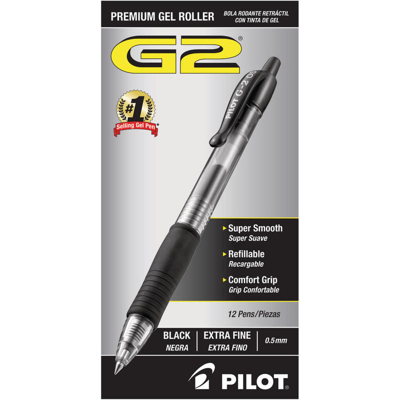 Pilot G2 Retractable Gel Pens, Extra Fine Point, 0.5 mm, Clear Barrels, Black Ink, Pack Of 12 MPN:31002