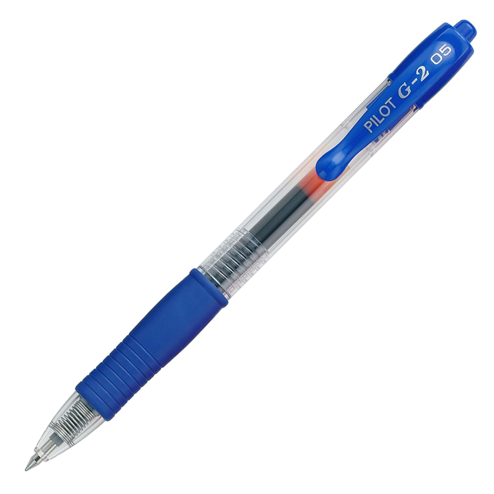 Pilot G2 Retractable Gel Pens, Extra Fine Point, 0.5 mm, Clear Barrels, Blue Ink, Pack Of 12 MPN:31003