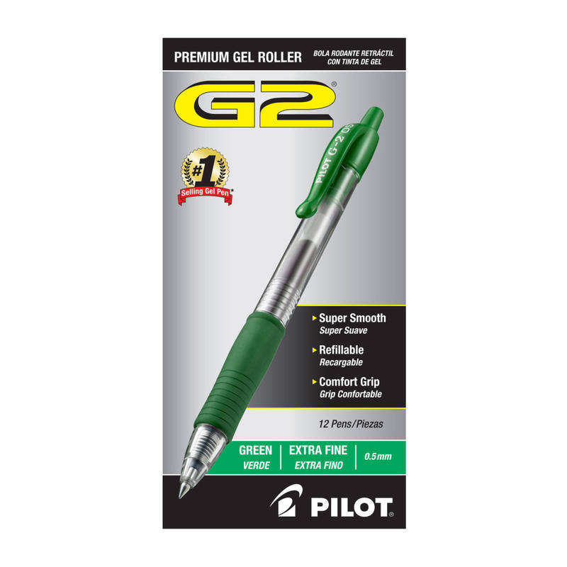 Pilot G-2 Retractable Gel Pens, Extra Fine Point, 0.5 mm, Clear Barrels, Green Ink, Pack Of 12 MPN:31005