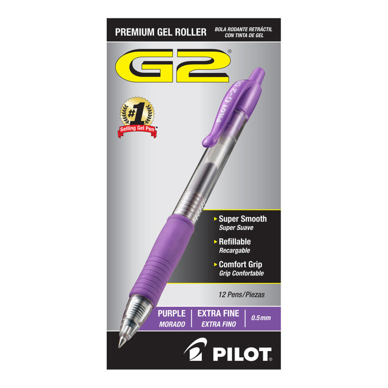 Pilot G2 Retractable Rollerball Pens, Extra Fine Point, 0.5 mm, Clear Barrel, Purple Ink, Pack Of 12 Pens MPN:31006