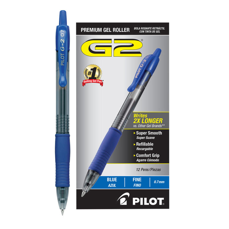 Pilot G2 Retractable Gel Pens, Fine Point, 0.7 mm, Clear Barrels, Blue Ink, Pack Of 12 Pens MPN:31021