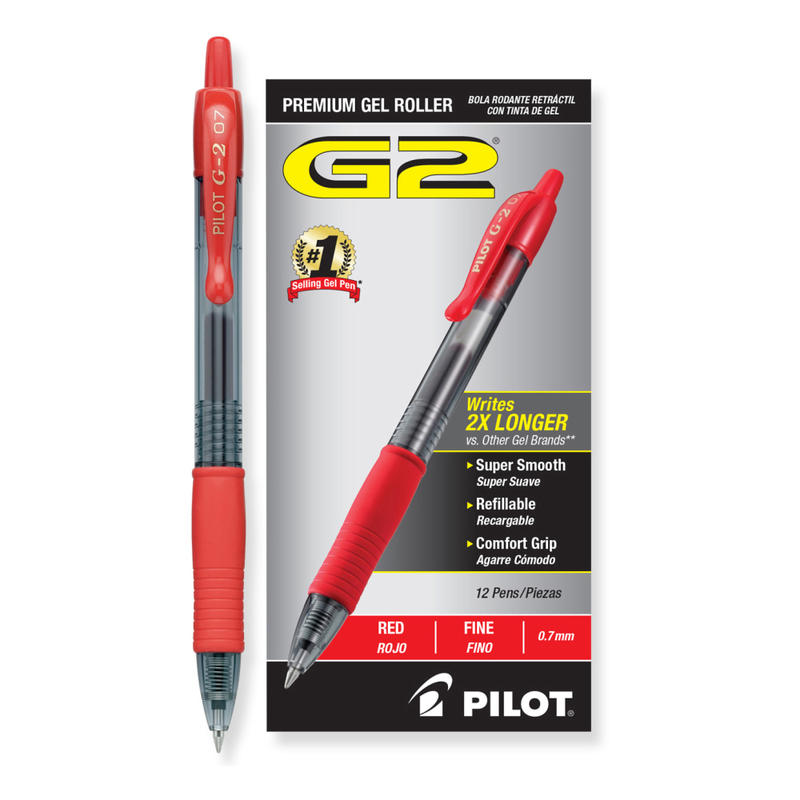 Pilot G2 Retractable Gel Pens, Fine Point, 0.7 mm, Clear Barrels, Red Ink, Pack Of 12 Pens MPN:31022