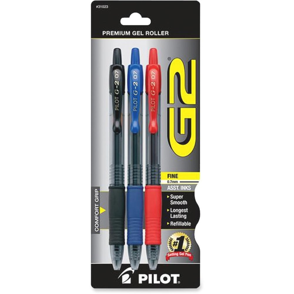 Pilot G2 Retractable Gel Ink Pens, Fine Point, 0.7 mm, Assorted Barrel Colors, Assorted Ink Colors, Pack Of 3 Pens MPN:31023