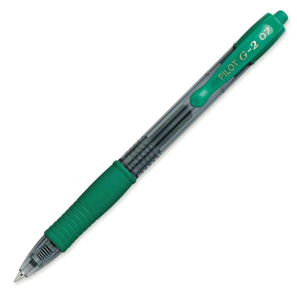 Pilot G2 Retractable Gel Pens, Fine Point, 0.7 mm, Clear Barrels, Green Ink, Pack Of 12 Pens MPN:31025