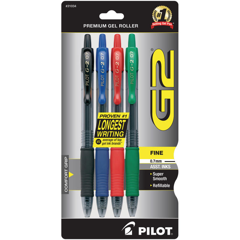Pilot G2 Retractable Gel Pens, Fine Point, 0.7 mm, Assorted Barrels, Assorted Ink Colors, Pack Of 4 MPN:31034