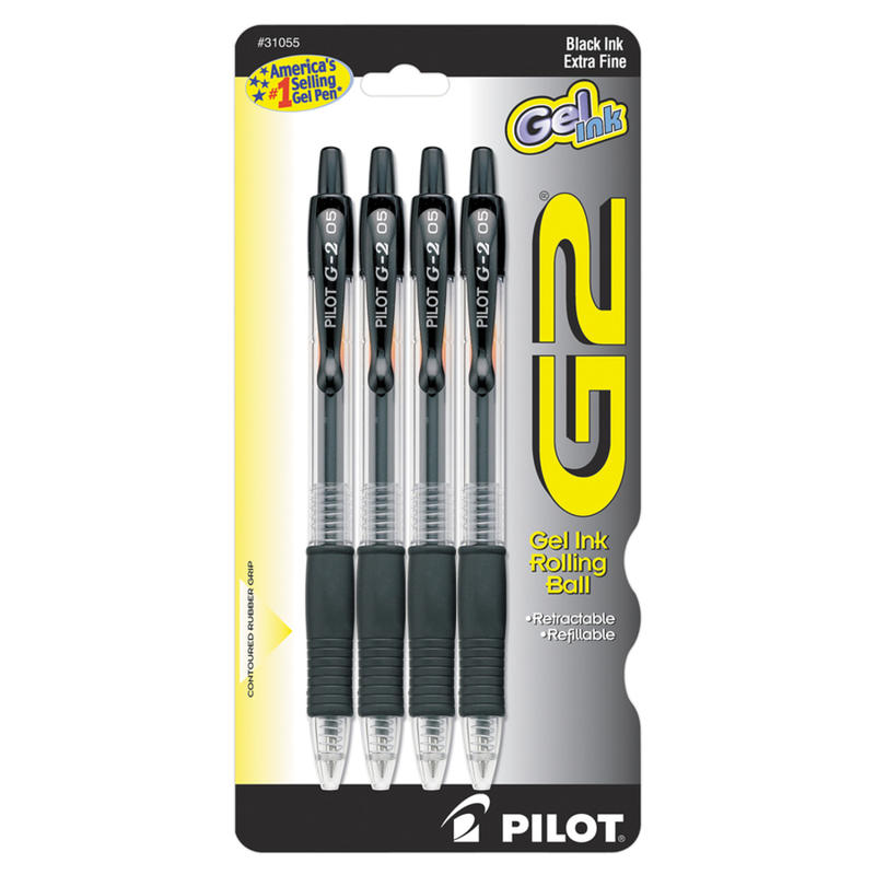 Pilot G2 Retractable Gel Pens, Extra Fine Point, 0.5 mm, Black Barrels, Black Ink, Pack Of 4 MPN:31055