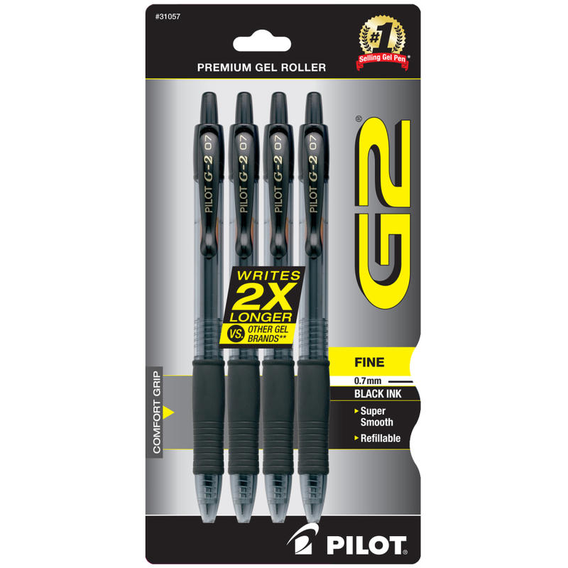 Pilot G2 Retractable Gel Pens, Fine Point, 0.7mm, Clear Barrels, Black Ink, Pack Of 4 Pens MPN:31057
