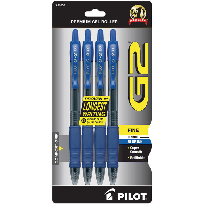 Pilot G2 Retractable Gel Pens, Fine Point, 0.7 mm, Clear Barrels, Blue Ink, Pack Of 4 Pens MPN:31058