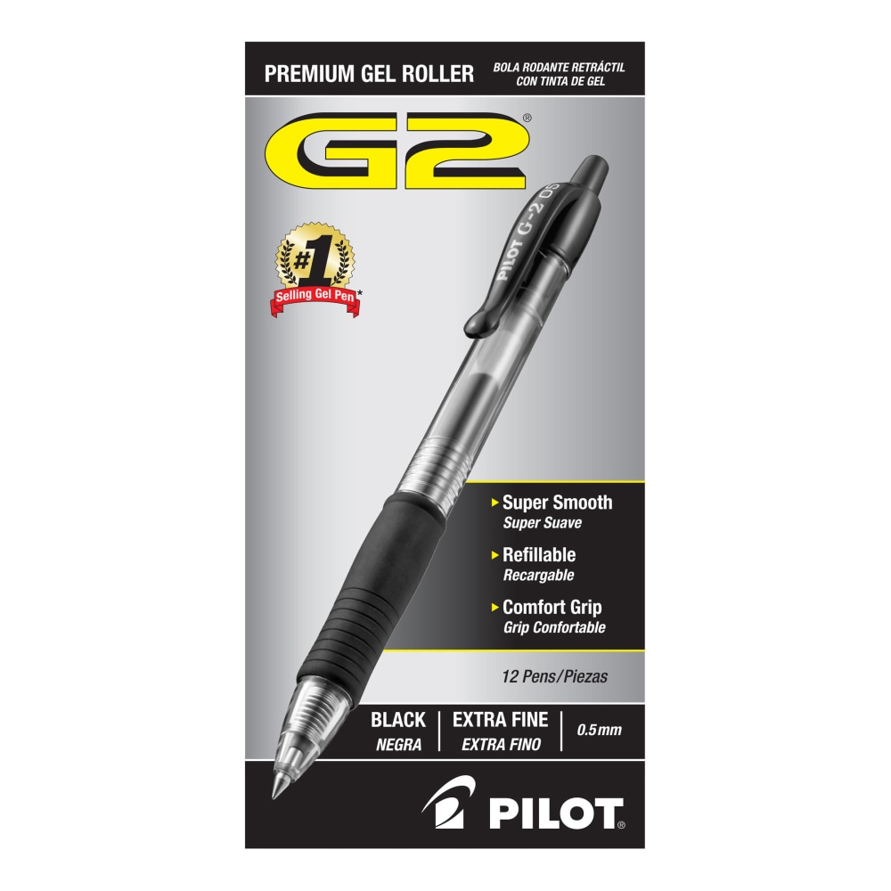 Pilot G2 Retractable XFine Gel Ink Rollerball Pens, Extra Fine Point, 0.5 mm, Black Ink, Pack Of 12 Pens MPN:31103