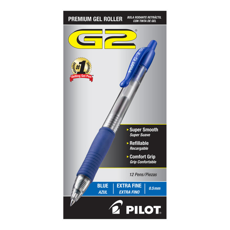 Pilot G2 Retractable XFine Gel Rollerball Pens, Pack Of 12, Extra Fine Point, 0.5 mm, Blue Ink MPN:31104