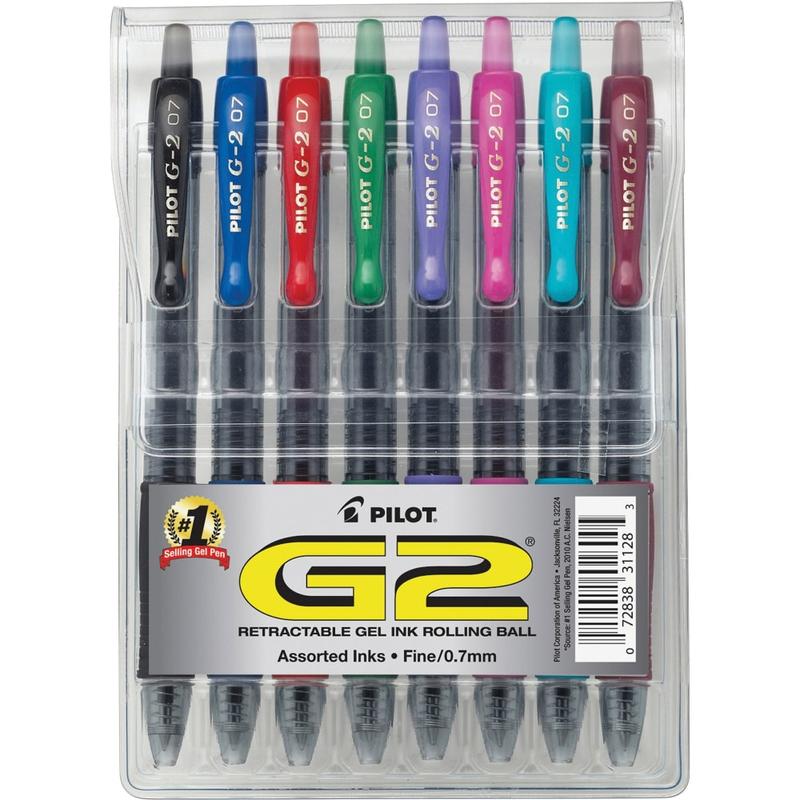 Pilot G2 Retractable Gel Pens, Fine Point, 0.7 mm, Clear Barrels, Assorted Ink, Pack Of 8 Pens MPN:31128