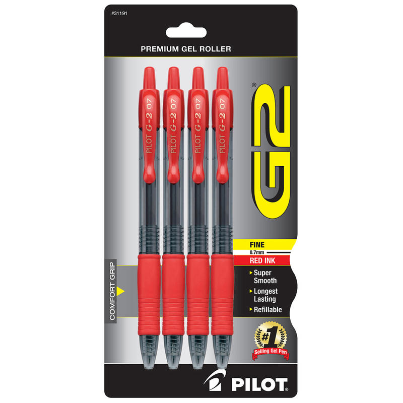 Pilot G2 Retractable Gel Pens, Fine Point, 0.7 mm, Clear Barrels, Red Ink, Pack Of 4 MPN:31191