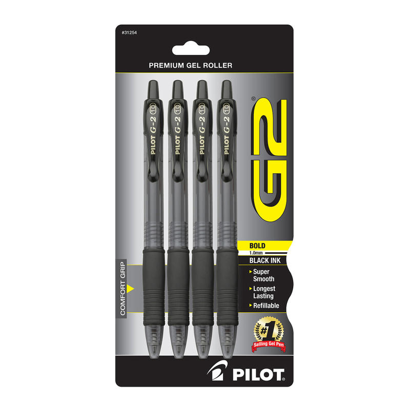 Pilot G2 Retractable Gel Pens, Bold Point, 1.0 mm, Clear Barrels, Black Ink, Pack Of 4 MPN:31254