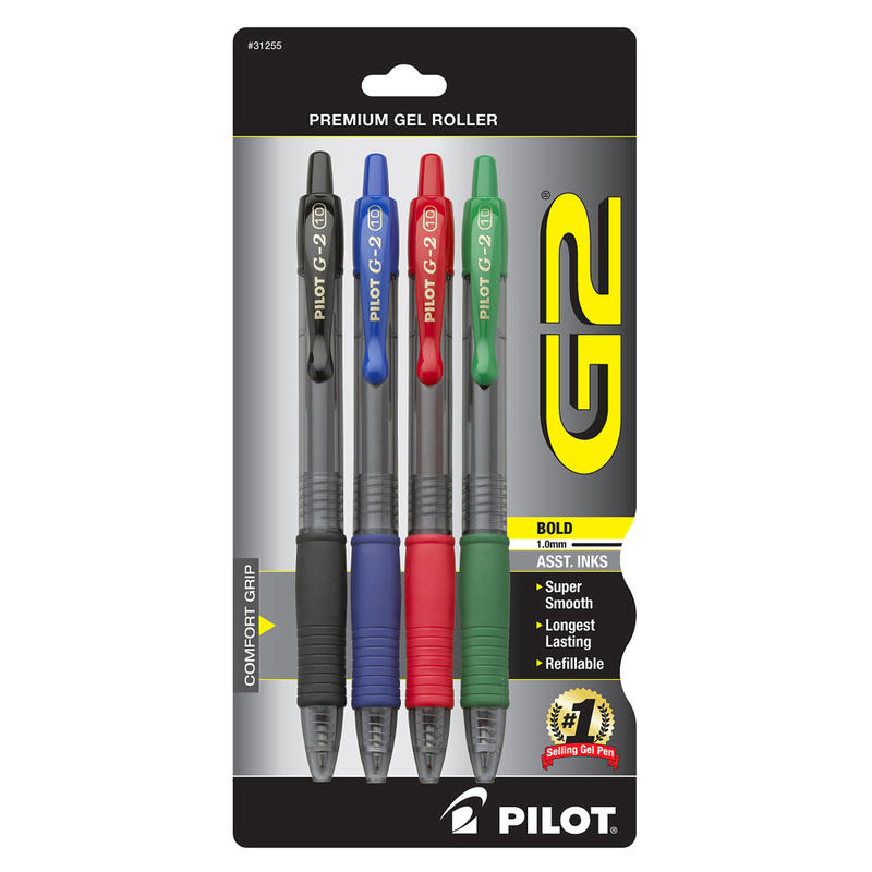 Pilot G2 Retractable Gel Pens, Bold Point, 1.0 mm, Assorted Barrels, Assorted Ink Colors, Pack Of 4 MPN:31255