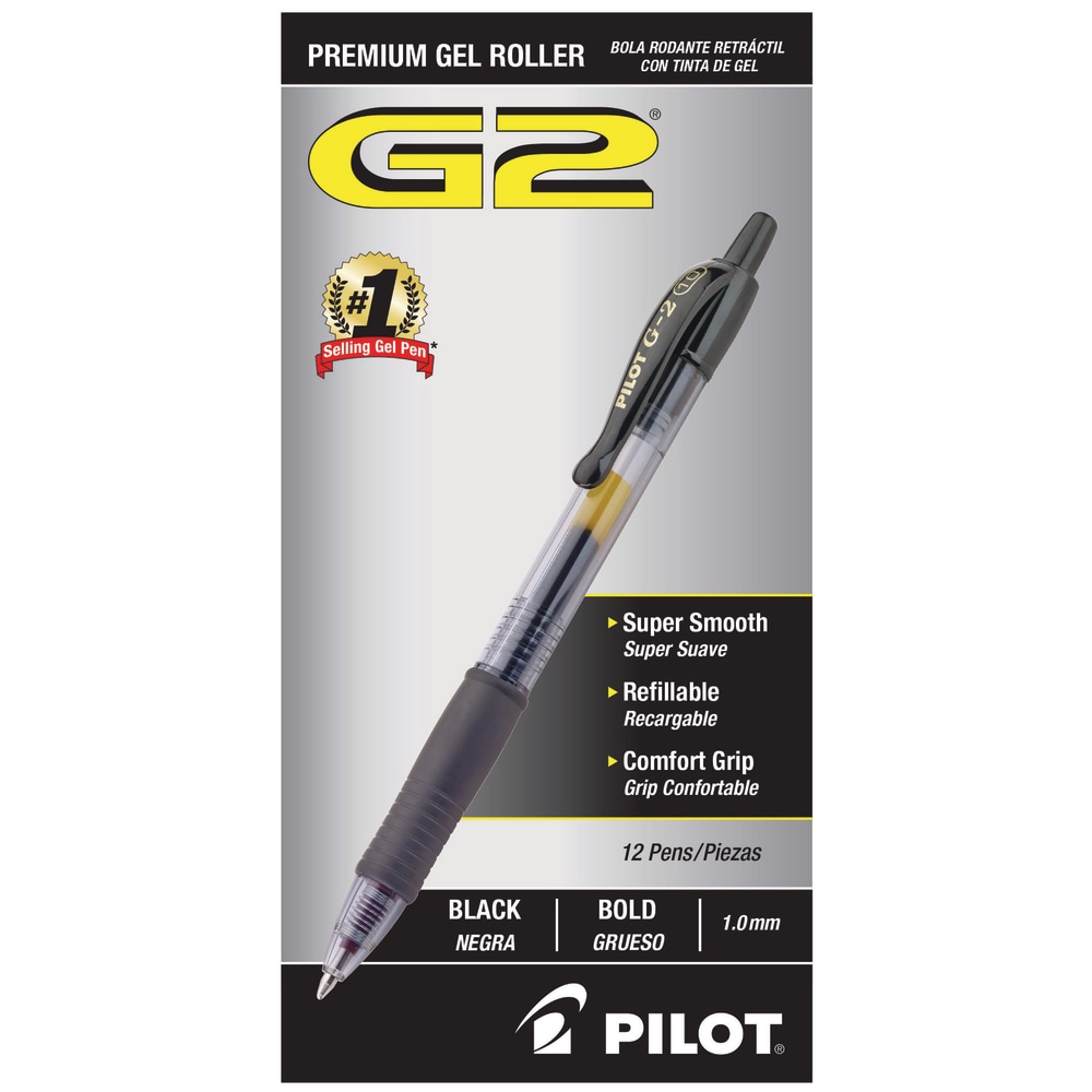 Pilot G2 Retractable Gel Pens, Bold Point, 1.0 mm, Clear Barrels, Black Ink, Pack Of 12 Pens MPN:31256