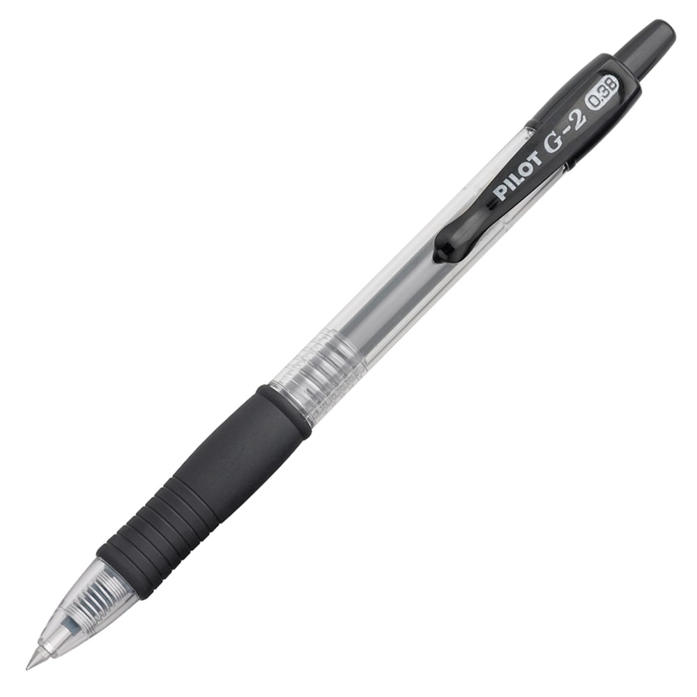 Pilot G2 Retractable Gel Pens, Ultra Fine Point, 0.38 mm, Clear Barrels, Black Ink, Pack Of 12 MPN:31277