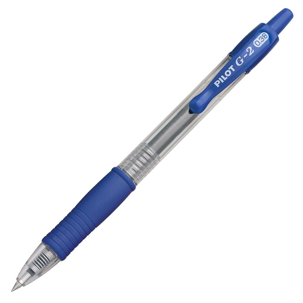 Pilot G2 Retractable Gel Pens, Ultra Fine Point, 0.38 mm, Clear Barrels, Blue Ink, Pack Of 12 MPN:31278