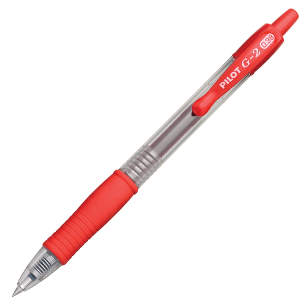Pilot G2 Retractable Gel Pens, Ultra Fine Point, 0.38 mm, Clear Barrels, Red Ink, Pack Of 12 MPN:31279