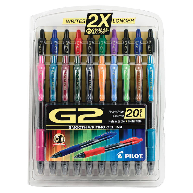 Pilot G2 Retractable Gel Pens, Fine Point, 0.7 mm, Clear Barrel, Assorted Ink Colors, Pack Of 20 MPN:31294