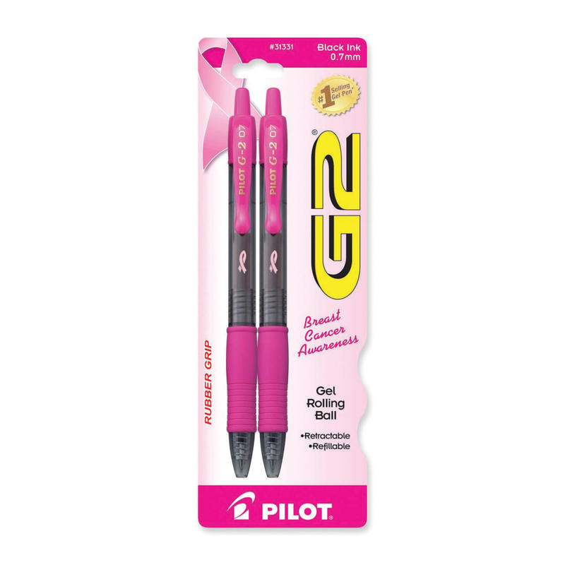 Pilot G2 Retractable Gel Pens, Fine Point, 0.7 mm, Pink Barrel, Black Ink, Pack Of 2 Pens MPN:31331