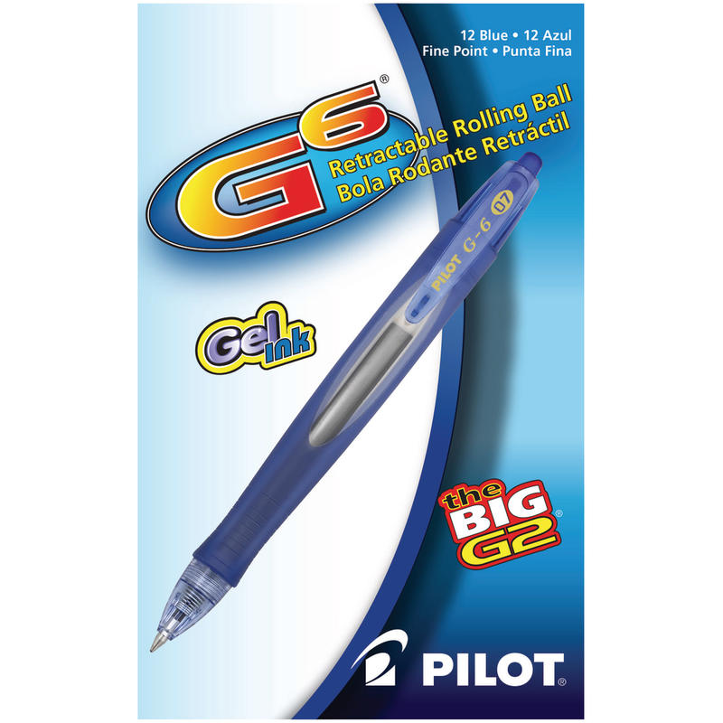 Pilot G-6 Retractable Gel Ink Rollerball Pens, Fine Point, 0.7 mm, Blue Barrel, Blue Ink, Pack Of 12 MPN:31402