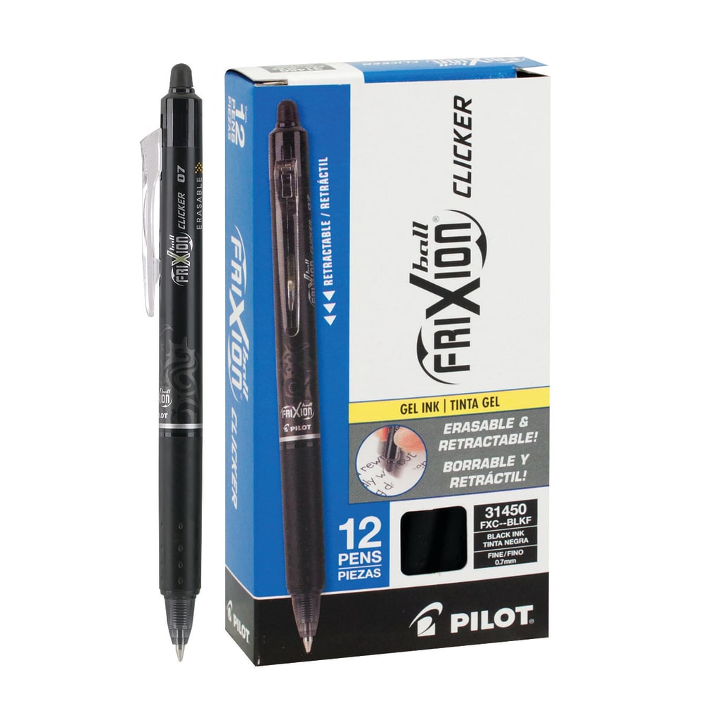 Pilot FriXion Ball Clicker Erasable Retractable Gel Pens, Pack of 12, Fine Point, 0.7 mm, Black Barrels, Black Ink MPN:31450
