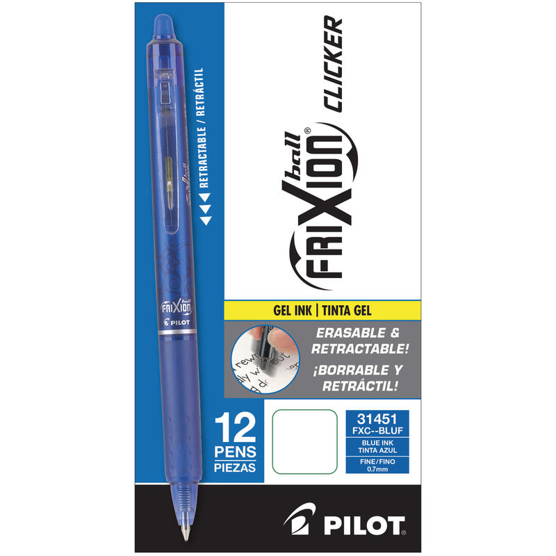 Pilot FriXion Ball Clicker Erasable Retractable Gel Pens, Pack of 12, Fine Point, 0.7 mm, Blue Barrel, Blue Ink MPN:31451