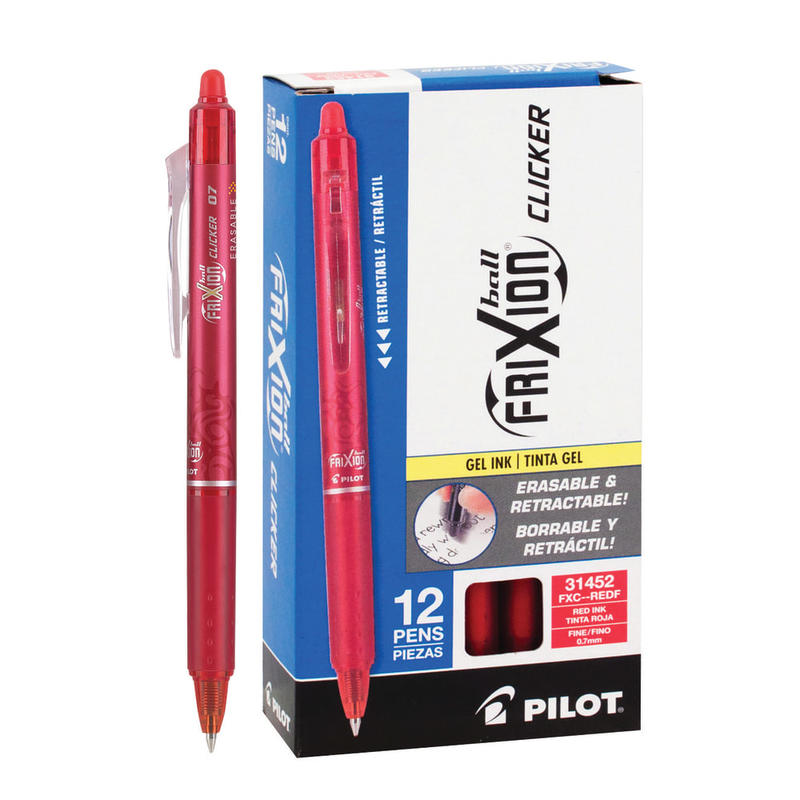 Pilot FriXion Ball Clicker Erasable Retractable Gel Pens, Pack of 12, Fine Point, 0.7 mm, Red Barrels, Red Ink MPN:31452