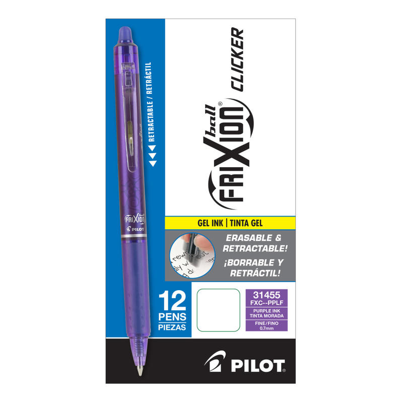 Pilot FriXion Ball Clicker Erasable Retractable Gel Pens, Pack of 12, Fine Point, 0.7 mm, Purple Barrel, Purple Ink MPN:31455