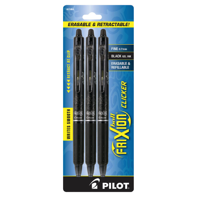 Pilot FriXion Ball Clicker Erasable Retractable Gel Pens, Pack of 3, Fine Point, 0.7 mm, Black Barrels, Black Ink MPN:31464