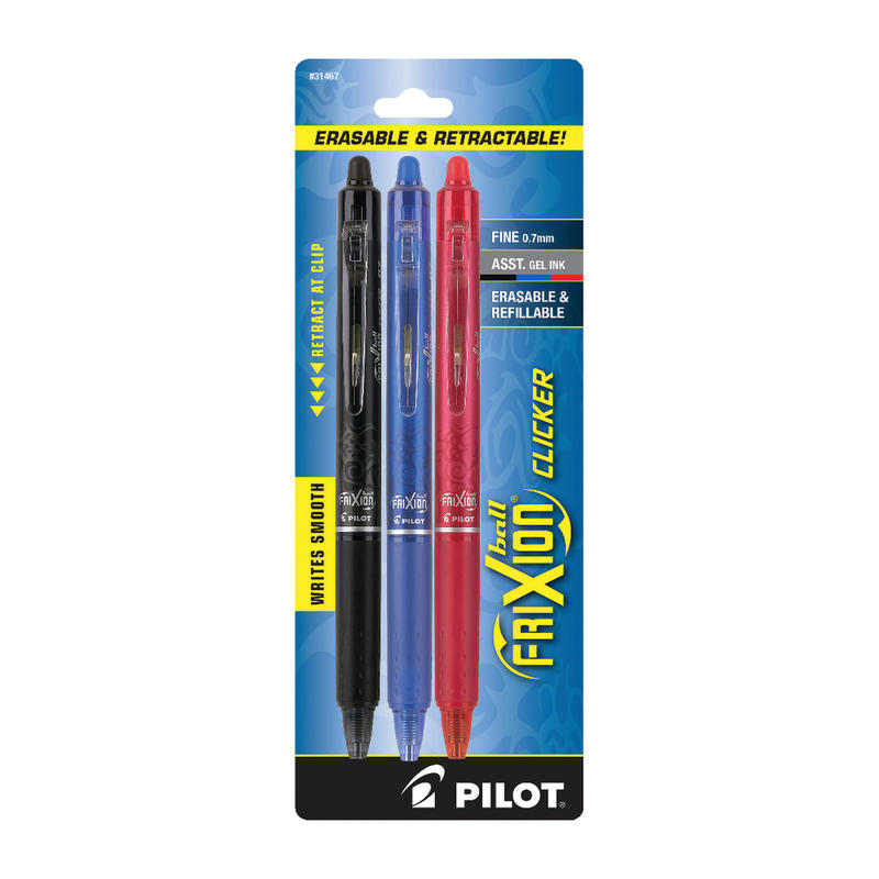Pilot FriXion Ball Clicker Erasable Retractable Gel Pens, Pack of 3, Fine Point, 0.7 mm, Assorted Barrels, Assorted Ink Colors MPN:31467