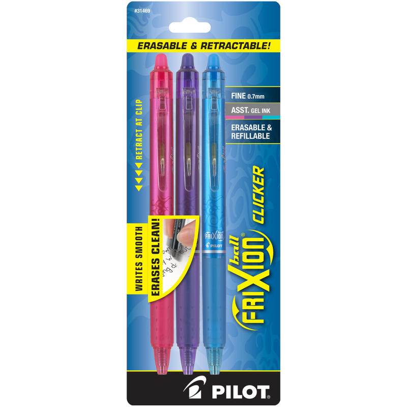 Pilot FriXion Ball Clicker Erasable Retractable Gel Pens, Pack of 3 pens, Fine Point, 0.7mm, Assorted Barrel Colors, Assorted Ink Colors MPN:31469