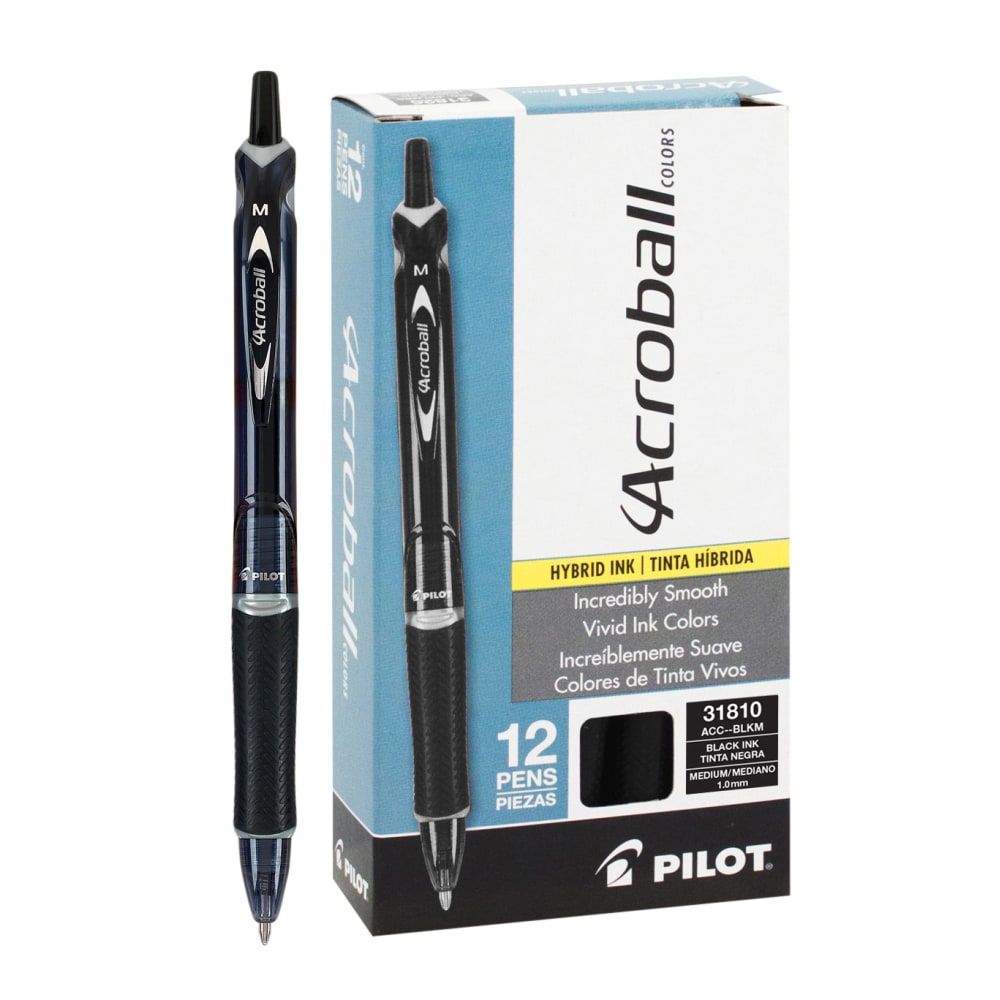 Pilot Acroball Colors Retractable Advanced Ink Pens, Medium Point, 1.0 mm, Black Barrel, Black Ink, Pack of 12 Pens MPN:31810UOM