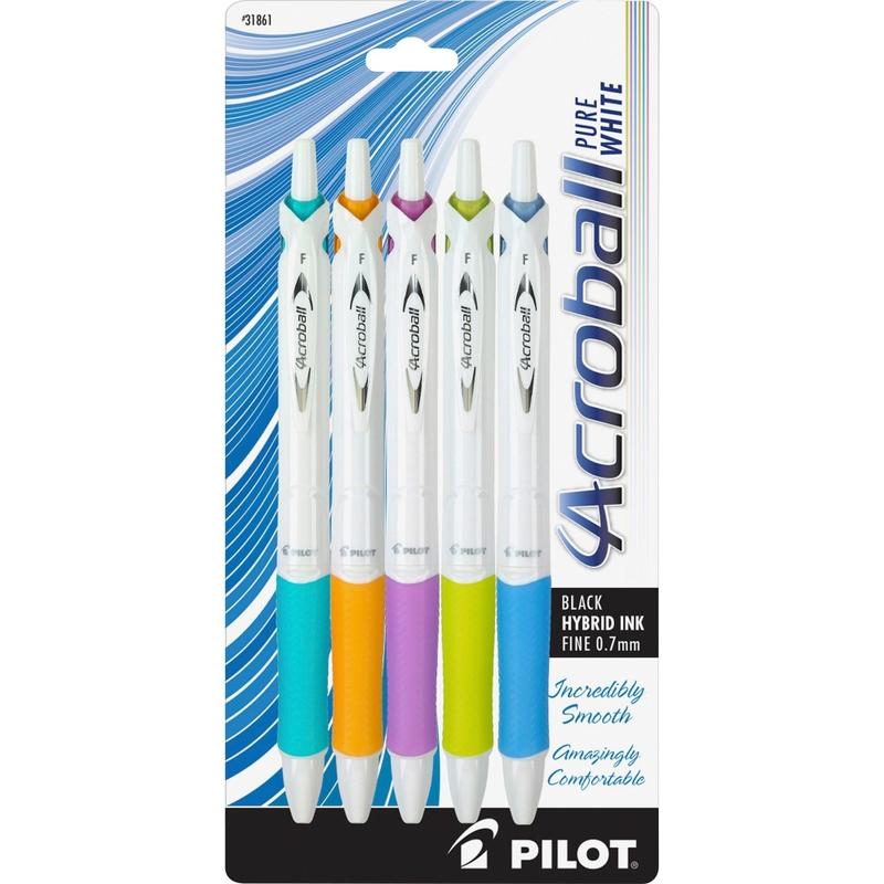 Pilot Acroball Retractable Pens, Fine Point, 0.7 mm, White Barrel, Black Ink, Pack Of 5 Pens MPN:31861
